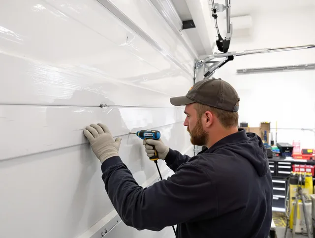 Pine Hills Garage Door Repair technician demonstrating precision dent removal techniques on a Pine Hills garage door