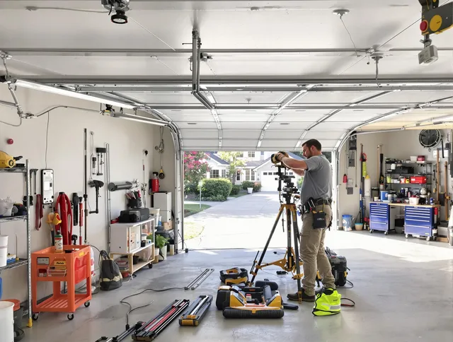 Pine Hills Garage Door Repair specialist performing laser-guided track alignment in Pine Hills